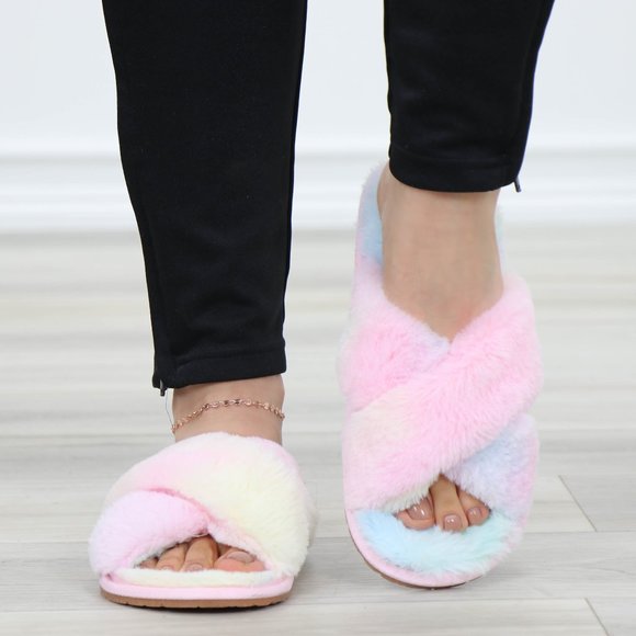 Shoes - Tie Dye Fuzzy Plush Criss Cross Sandal Sliders